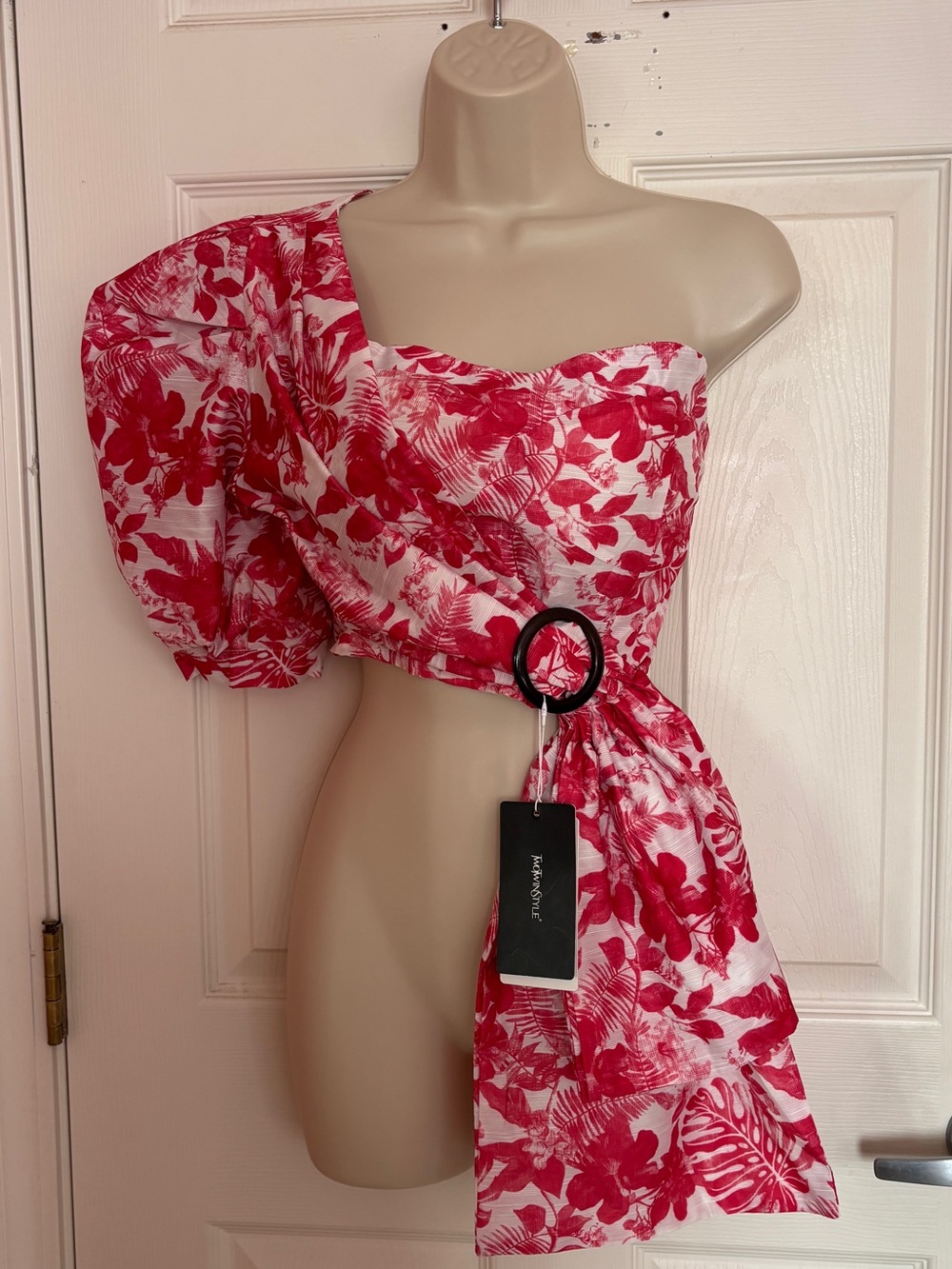 One-Shoulder bright Pink Floral Wrap top with Belt